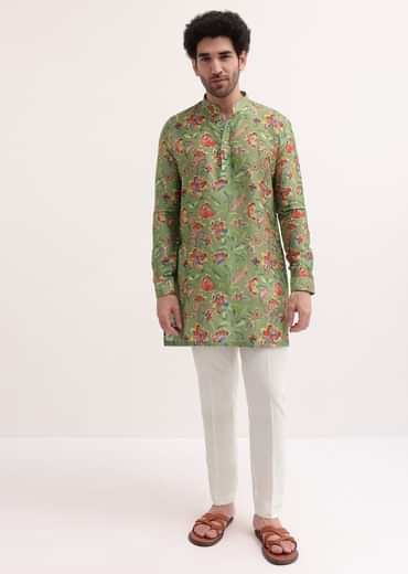 Green Floral Printed Silk Short Kurta Set For Men