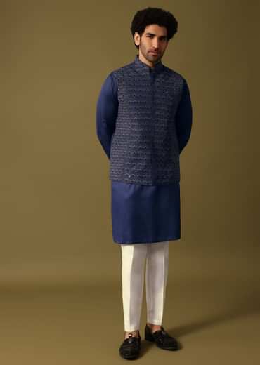Navy Blue Kurta Jacket Set With Resham And Mirror Work For Men