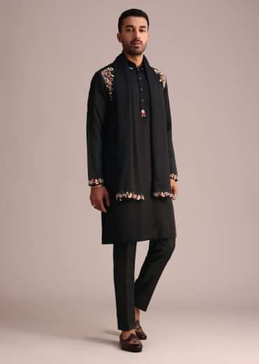 Black Floral Hand Work Kurta Set With Dupatta