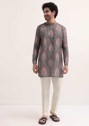 Grey Printed Silk Short Kurta Set For Men