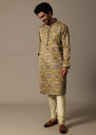 Mustard Yellow Printed Silk Kurta Set For Men