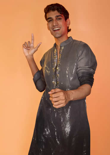 Grey Shaded Sequin Zipper Kurta With Black Pants