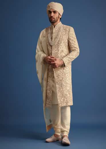 Ivory Sherwani Suit With Beads And Zari Work