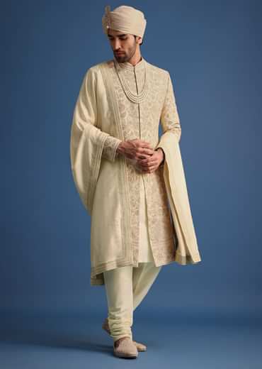 Ivory Zari Embroidered Sherwani Suit
