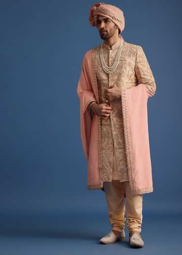 Peach Embroidered Silk Sherwani Suit