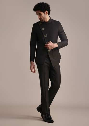 Black Rayon Angrakha Jodhpuri Suit