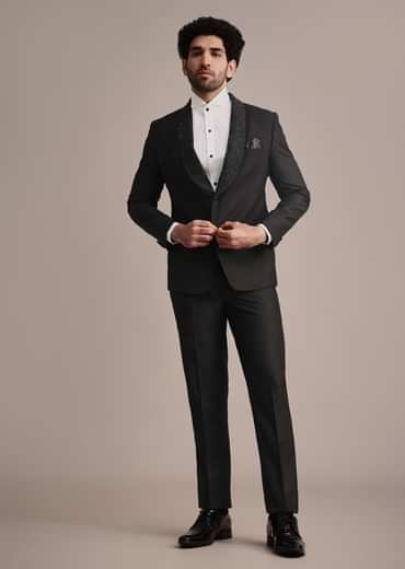 Black Rayon Tuxedo With Beaded Lapel