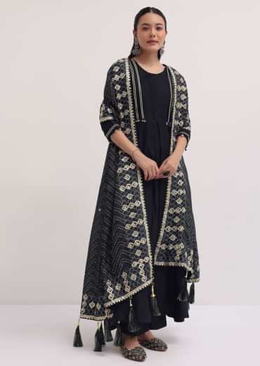 Black Embroidered Chanderi Anarkali Set