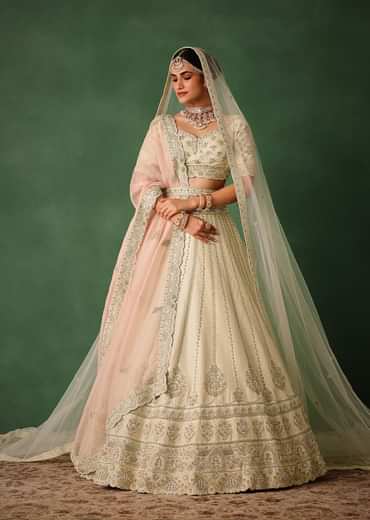 White Hand Embroidered Lehenga Set In Raw Silk With Dupatta