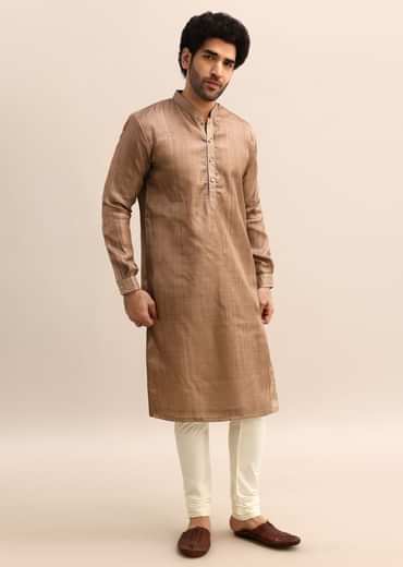 Brown Tussar Silk Plain Kurta Pyjama For Men