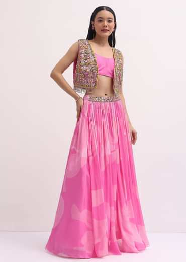 Pink Printed Lehenga Choli With Embroidered Jacket