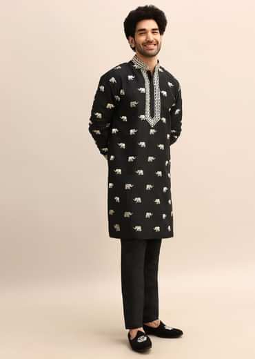 Black Gold Foil Applique Motifs Work Kurta Set