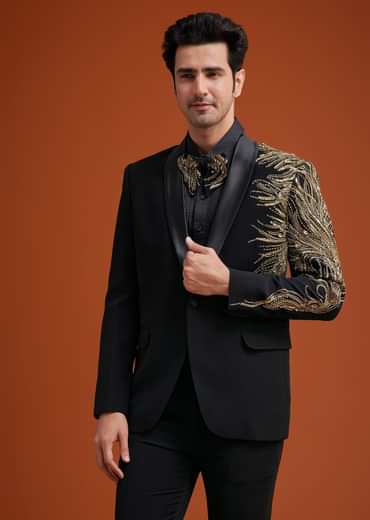 Black Blazer With Asymmetrical Gold Sequin And Bead Embroidery