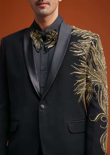 Black Blazer With Asymmetrical Gold Sequin And Bead Embroidery