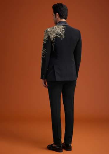 Black Blazer With Asymmetrical Gold Sequin And Bead Embroidery