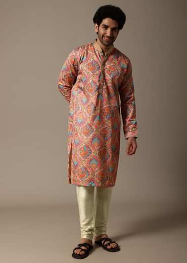 Pink And Green Printed Silk Kurta Set For Men