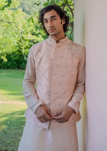 Peach Raw Silk Resham Zardosi Handwork Kurta Jacket Set