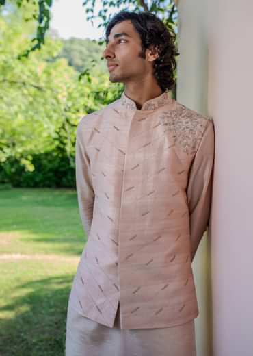 Peach Raw Silk Resham Zardosi Handwork Kurta Jacket Set