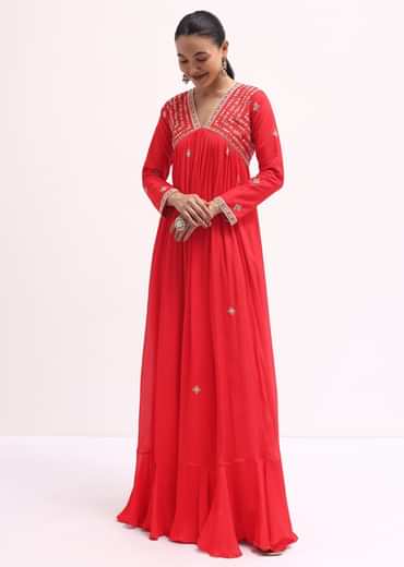 Red Embroidered Chiffon Gown