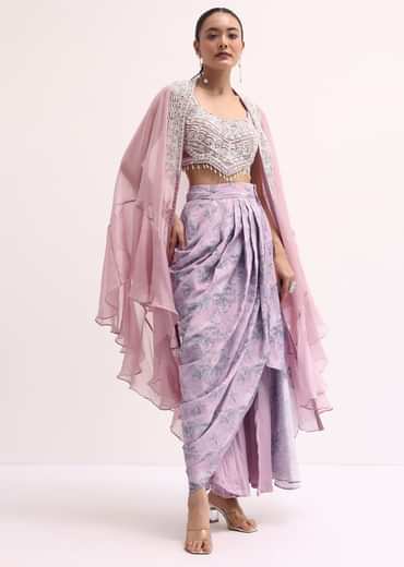 Lavender Embroidered Crop Top And Skirt Set
