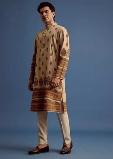 Beige Hand Block Printed Kurta Set