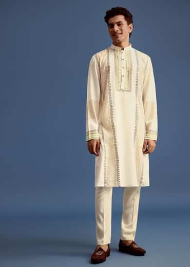 White Hand Block Printed Kurta Set With Zari Embroidery