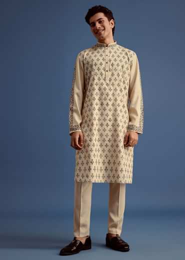 Beige Rayon Block Printed Kurta Set