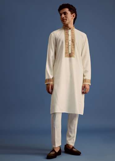 White Block Printed Kurta Set With Zari Embroidery