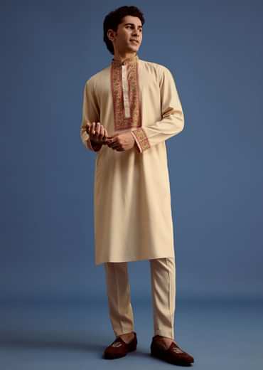 Beige Zari Floral Block Printed Kurta Set