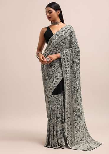 Black Georgette Chikankari Embroidered Saree With Unstitched Blouse