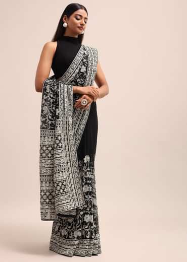 Black Georgette Chikankari Saree With Jaal Work And Unstitched Blouse