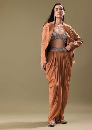 Orange Embroidered Blouse With Dhoti And Jacket