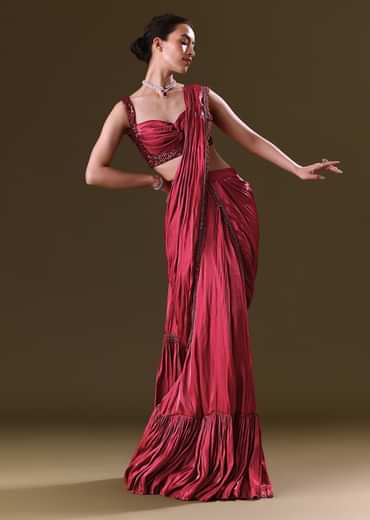 Scarlet Red Fancy Organza Pre Stitched Saree With Pre Pleated Blouse