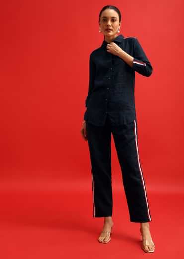 Navy Blue Linen Co ord Set With Patchwork