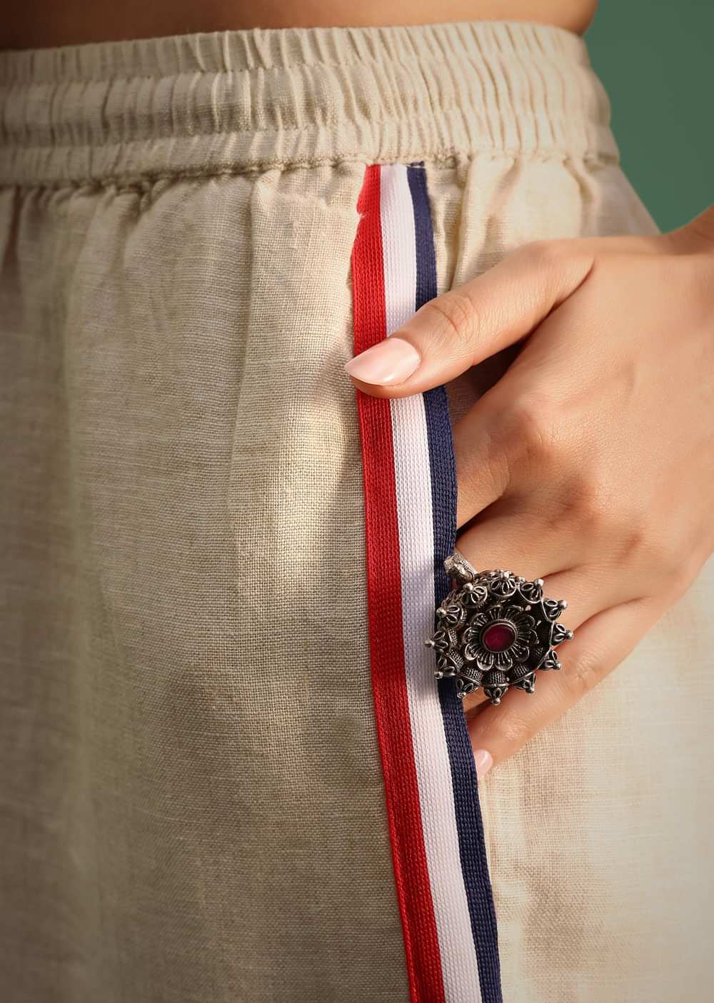 Beige Linen Top And Pant With Patch Work