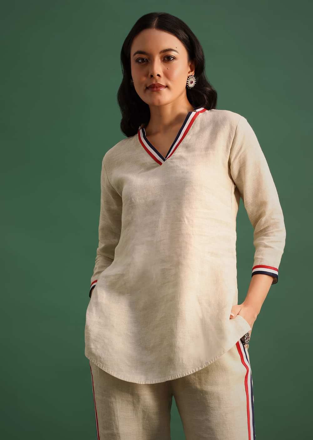 Beige Linen Top And Pant With Patch Work