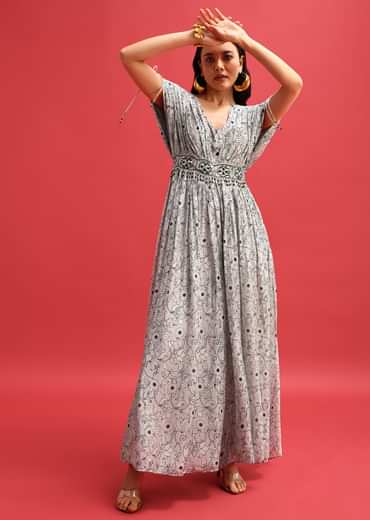 Gray Abstract Printed Jumpsuit With Resham Work