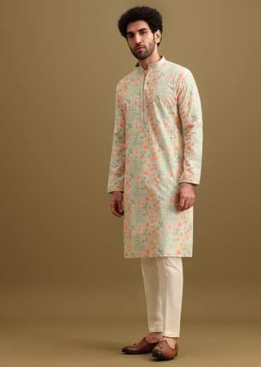 Aqua Blue Digital Printed Silk Kurta Set For Men