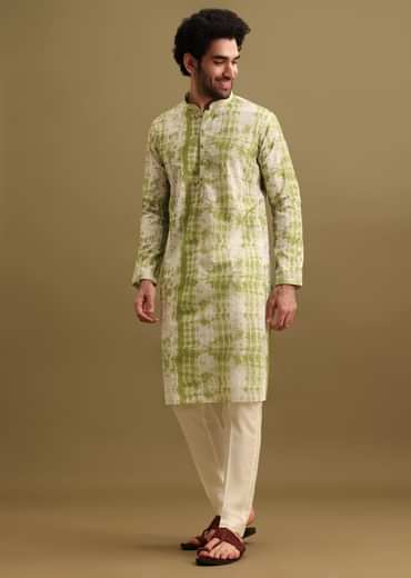 Green Printed Silk Kurta Set For Men