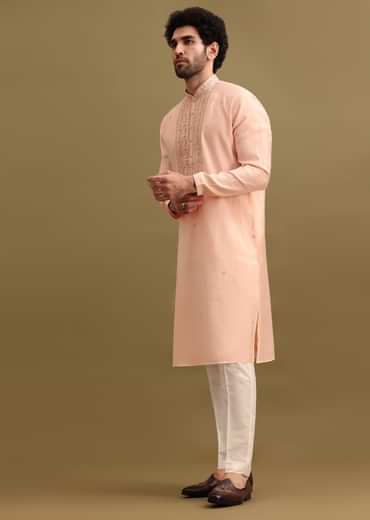 Peach Silk Kurta Set With Zari Work For Men