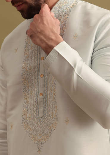Light Blue Silk Kurta Set With Resham Work For Men