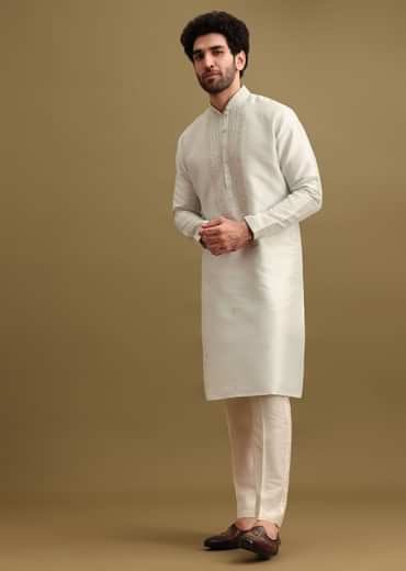Light Blue Silk Kurta Set With Resham Work For Men