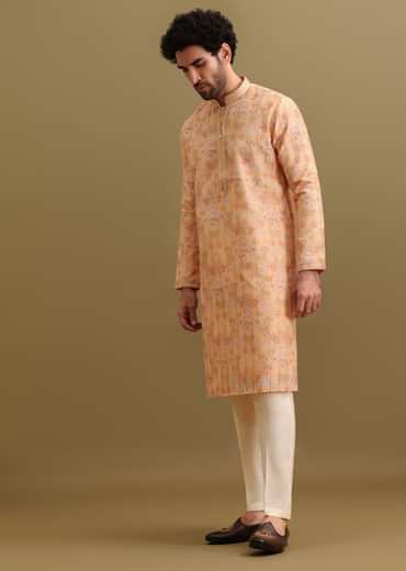 Yellow Printed Silk Zipper Kurta Set For Men