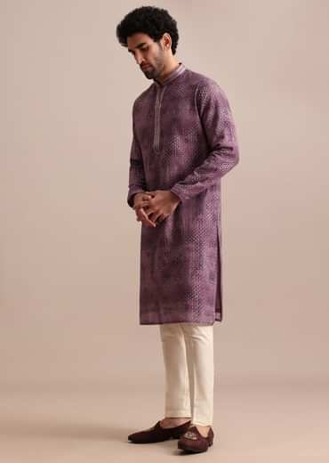 Purple Silk Zipper Kurta Set In Sequin For Men