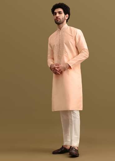 Peach Embroidered Silk Kurta Set For Men