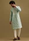 Aqua Blue Silk Kurta Set With Resham Work For Men