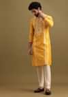 Mustard Yellow Silk Kurta Set In Resham Work For Men