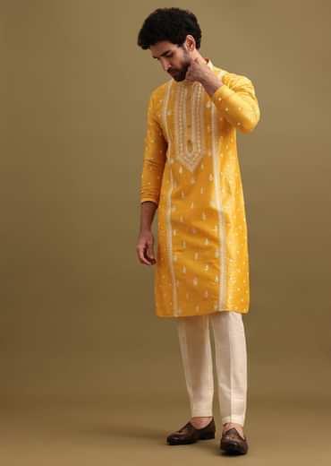 Mustard Yellow Silk Kurta Set In Resham Work For Men