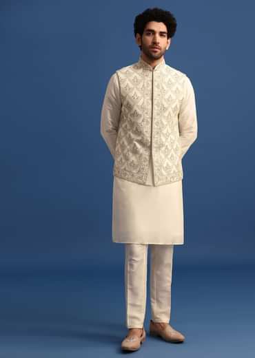 Off White Kurta Jacket Set With Zari Embroidery For Men