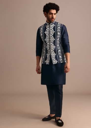 Navy Blue Kurta Jacket Set With Thread And Mirror Work